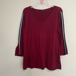 Hannah Burgundy V-Neck Long Sleeve Top with Stripes~ Size Large ~ Casual